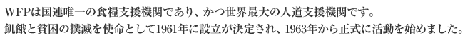 WFPは国連唯一の食糧支援機関であり、かつ世界最大の人道支援機関です。 飢餓と貧困の撲滅を使命として1961年に設立が決定され、1963年から正式に活動を始めました。 